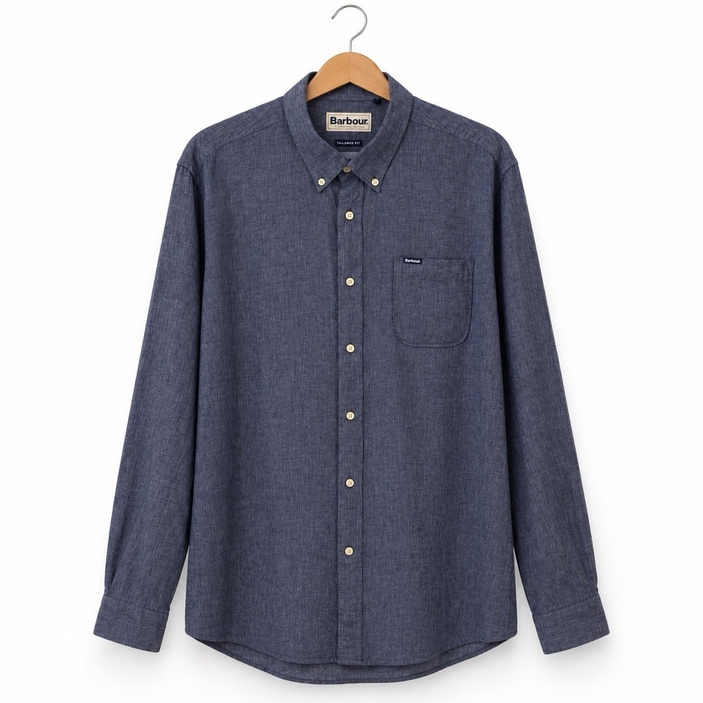 Barbour Men's XL Button Shirt Linen Blend Blue Chambray Style Coastal Preppy